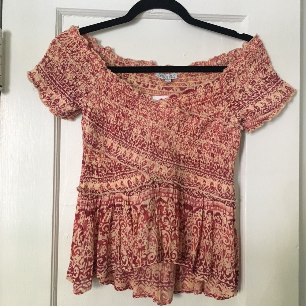 NWT•PATRONS OF PEACE•Off Shoulder Pink Smock Top S